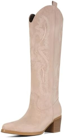 UBWDU Suede Cowboy Knee High Boots Women Pointed Toe Chunky Heel Embroidered Western Cowgirl Boot... | Amazon (US)