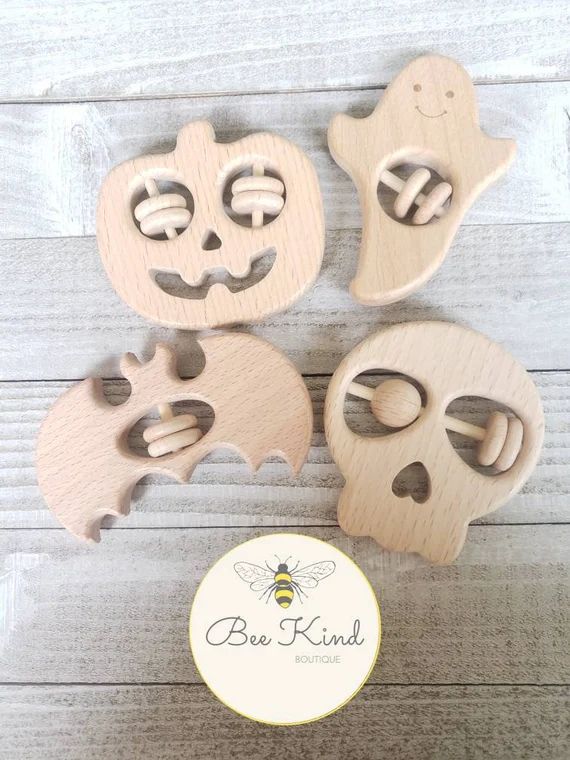 Wooden Skull, Jack O Lantern Pumpkin, Bat or Ghost Rattle for Babies- Perfect for Halloween | Etsy (US)
