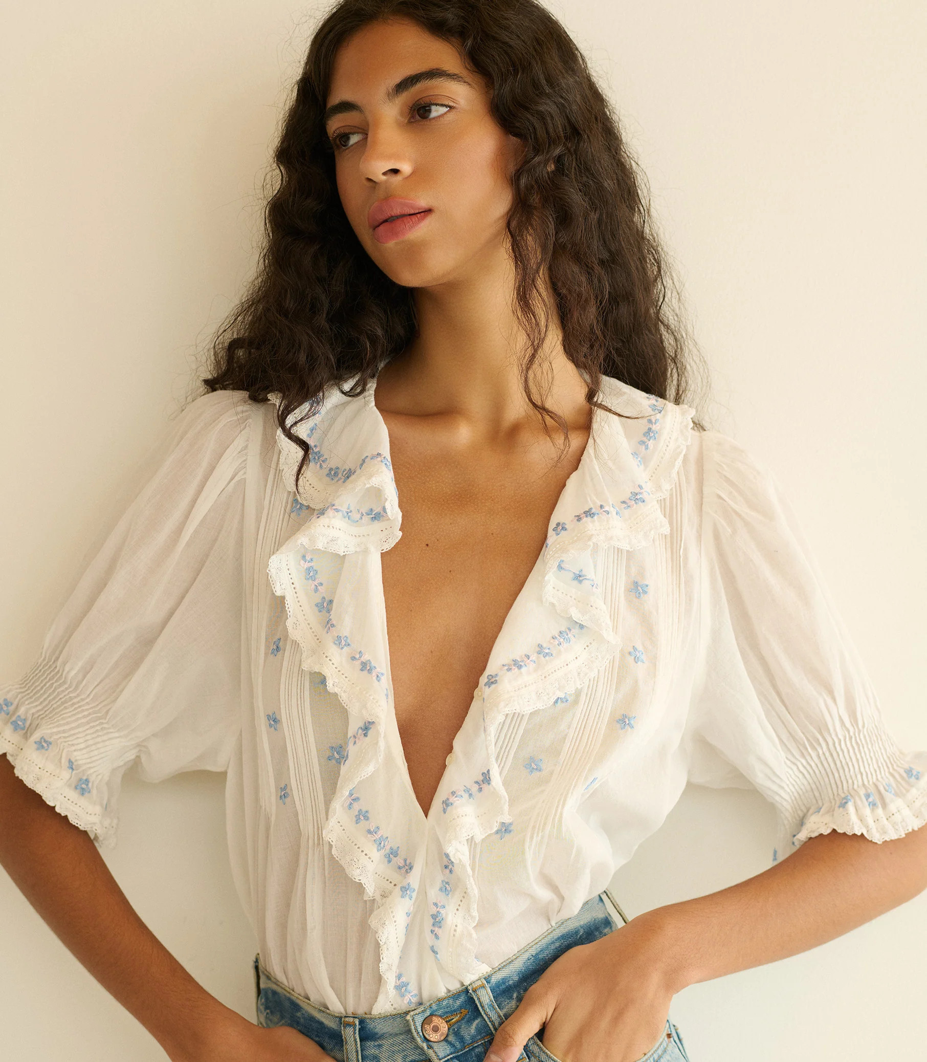 DÄ?EN Hettie Top -- Salt - Size - Xxs Cotton Button Up Embroidered Feminine Victorian | DOEN