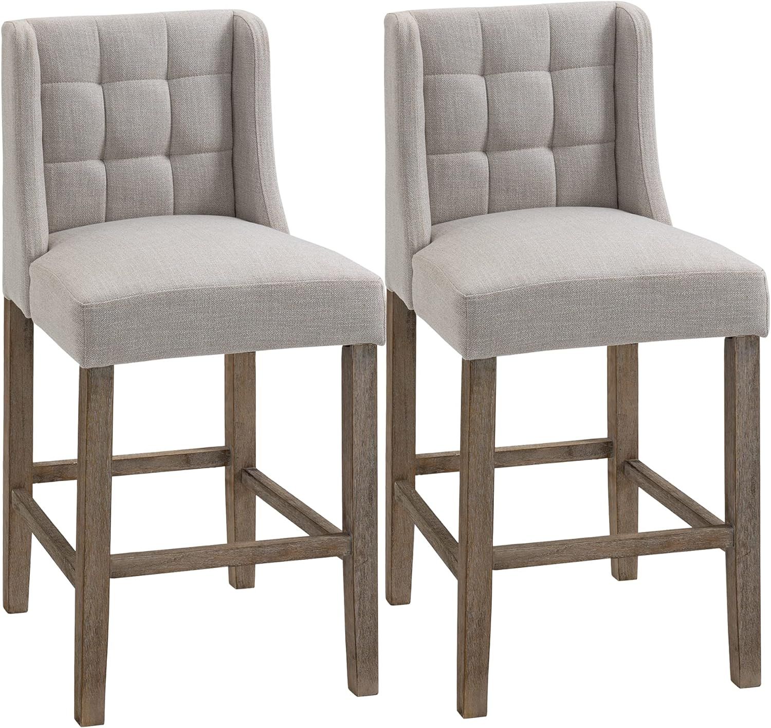 HOMCOM Modern Counter Height Bar Stools Set of 2 Tufted Upholstered Bar Chairs with Back Rubber W... | Amazon (US)