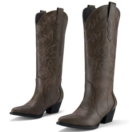 Rollda Cowboy Boots for Women Embroidered Cowgirl Boots Knee-High Western Boots with Chunky Heel ... | Walmart (US)