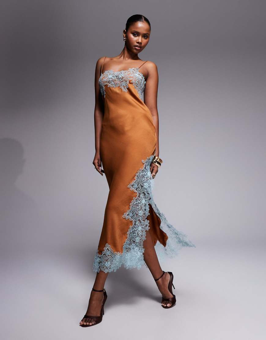 ASOS DESIGN lace applique satin bias midi slip dress in brown and blue | ASOS (Global)