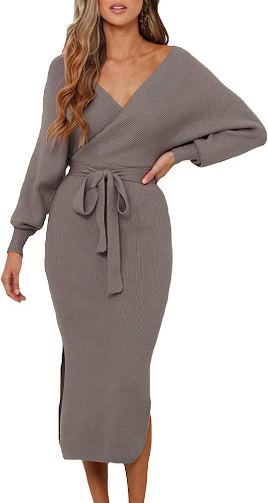 Selowin Women Sexy V Neck Backless Wrap Batwing Sleeve Slit Belted Sweater Dresses | Amazon (US)