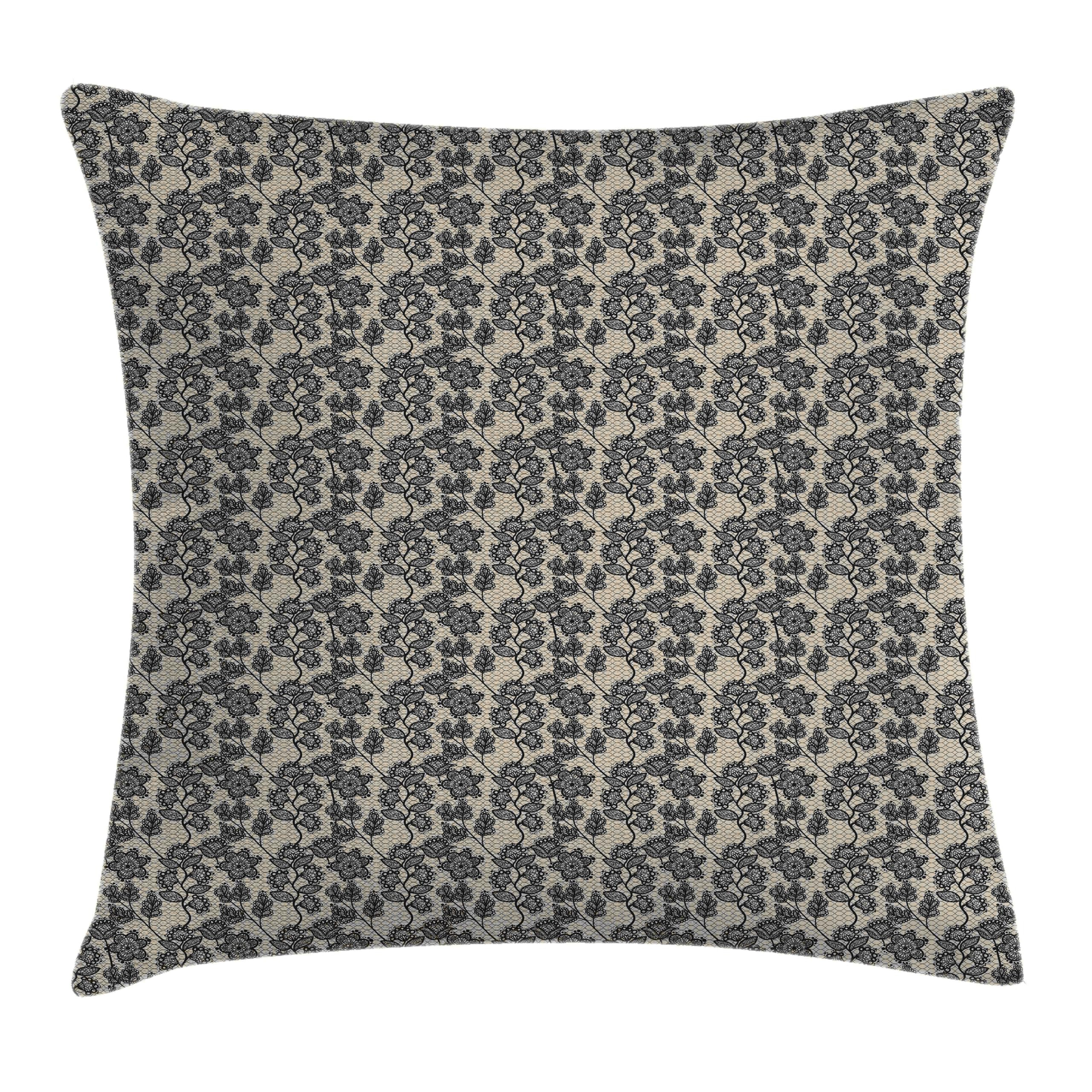 Ambesonne Vintage Throw Pillow Cushion Cover, Floral Composition with Doodle Leaves and Petals on Lacework Pattern Background, Decorative Square Accent Pillow Case, 20" X 20", Black Beige | Amazon (US)