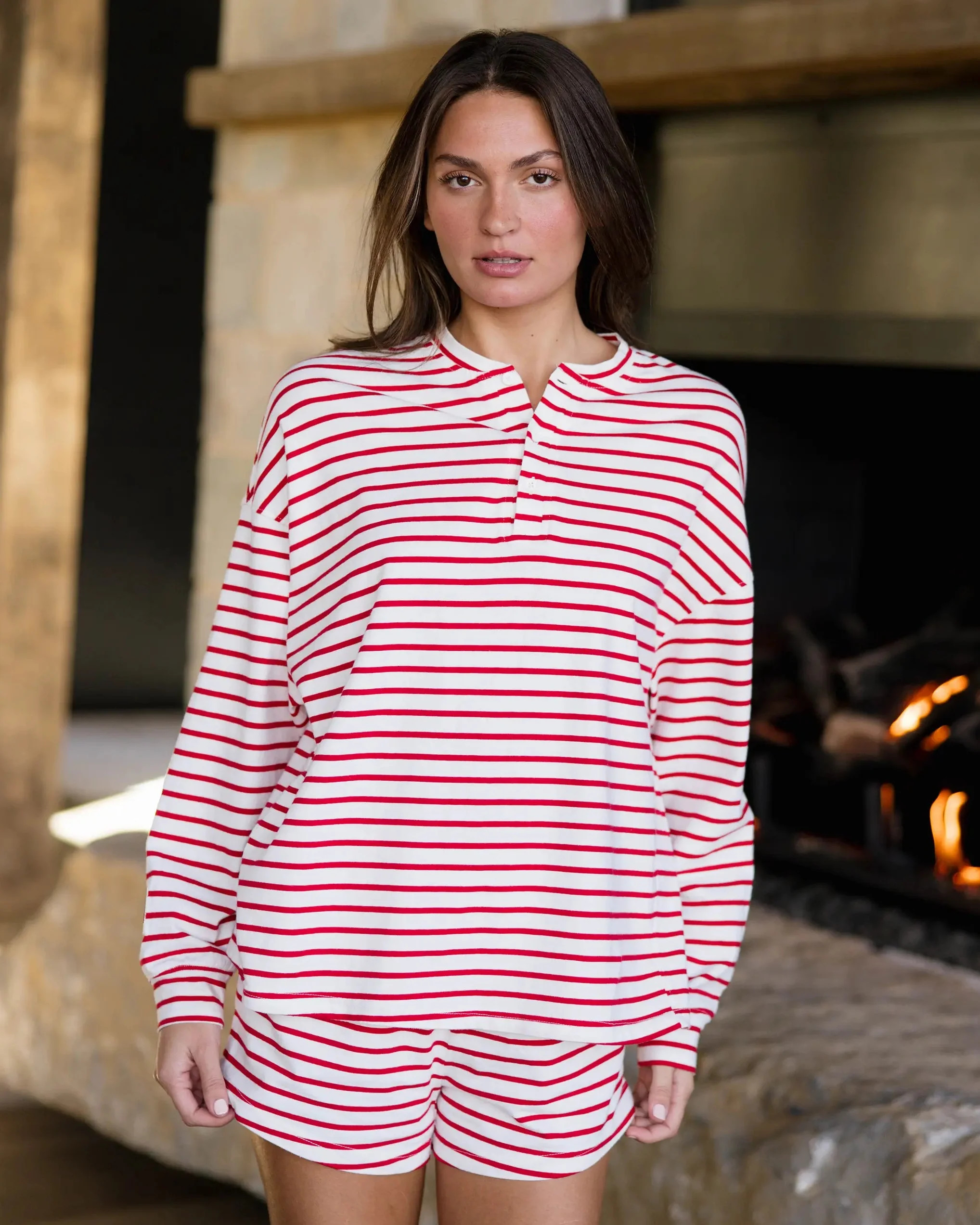 Long Sleeve Striped Henley in Cherry and White Stripe | Eleven Eleven