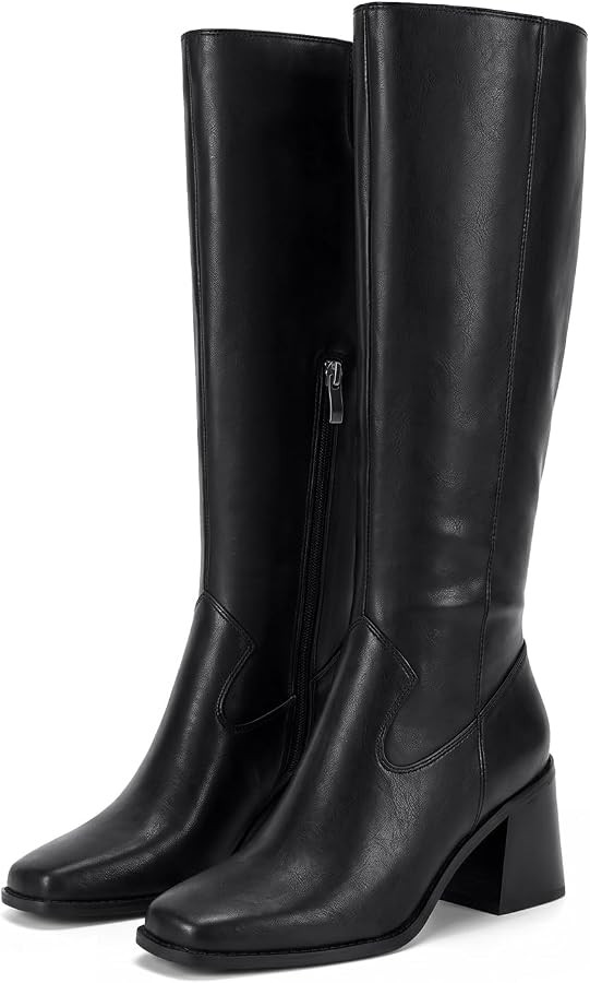 Coutgo Womens Knee High Boots Square Toe Chunky High Heel Zipper Tall Boots | Amazon (US)