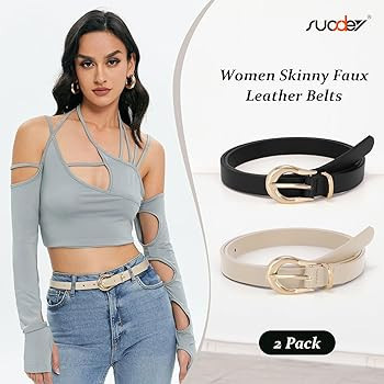 SUOSDEY 2 Pack Women Skinny Belt Thin Waist Belt with Fashion Gold Buckle for Pants Jeans Dresses | Amazon (US)