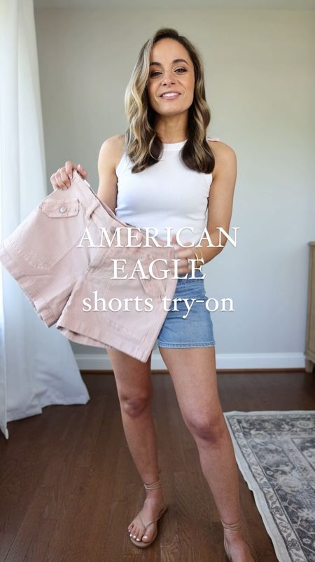 30% off at American Eagle 

Shorts sizing from left 

Relaxed shorts: 00 
4” perfect shorts: 0 
Denim 4” perfect shorts: 00 
Top: petite xxs 
Sandals: size up if in between sizes 