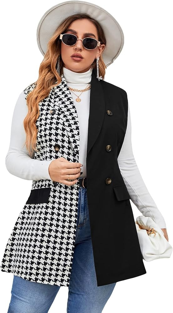 Floerns Women's Plus Size Houndstooth Print Colorblock Shawl Collar Vest Blazer | Amazon (US)