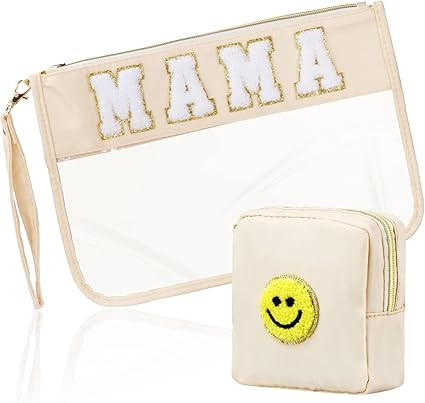 2 Pcs Preppy Patch Clear Mama Bag, Women Chenille Letter Makeup Cosmetic Bag for Travel, PVC Wate... | Amazon (US)