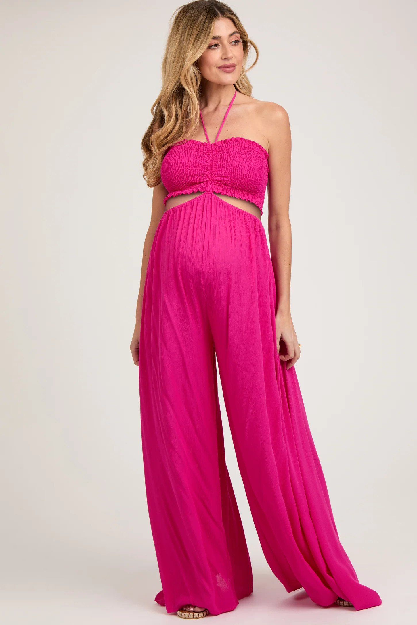 Fuchsia Smocked Drawstring Halter Side Cutout Maternity Jumpsuit | PinkBlush Maternity