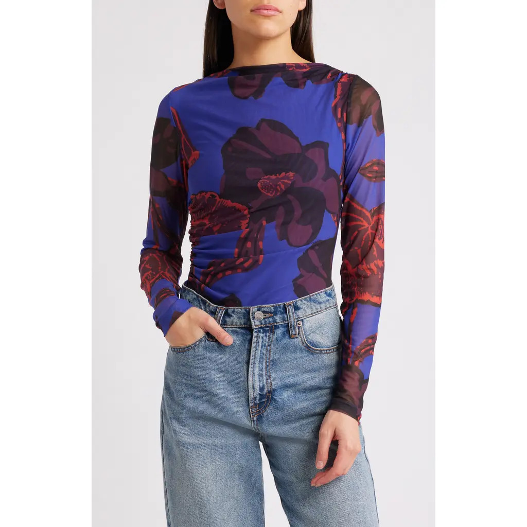 Cleobella Remy Floral Print Ruched Mesh Top in La Rouge Print at Nordstrom, Size X-Small | Nordstrom