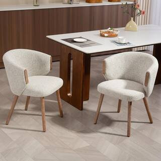 Bernice Beige Washed Boucle Fabric Dining Chair with Natural Wood Arms and Legs Set of 2 | The Home Depot