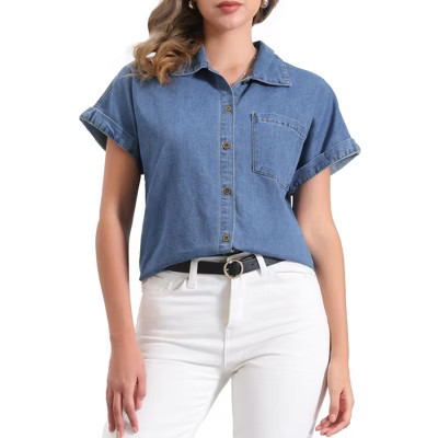 INSPIRE CHIC Women's Short Sleeve Button Down Classic Denim Shirt Blue Small | Target