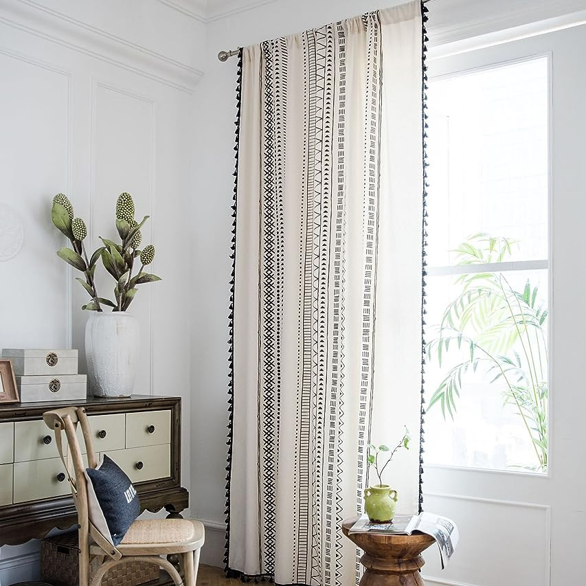 ColorBird Geometric Semi-Blackout Window Curtains 2 Panels Bohemian Style Cotton Linen Darkening Cur | Amazon (US)