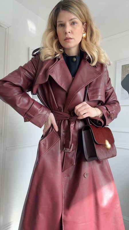 Burgundy bag, burgundy trench, faux leather trench, pony skin bag, neous bag, Allsaints boots, heart earrings, spring outfit, cherry red outfit, burgundy outfit, frame jacket 

#LTKover40 #LTKVideo #LTKeurope