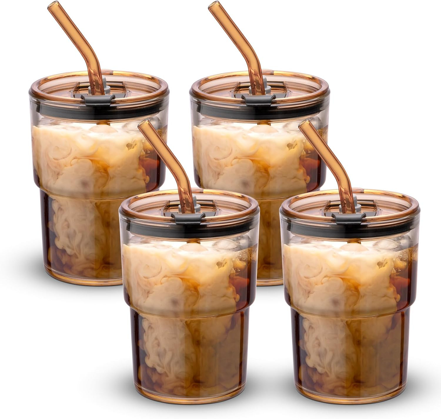 BLUEPOLAR 13 oz Tumbler Water Glass, Water Bottle with Straw and Dustproof Lid, Coffee Ice Cup Double Wall Insulated Glass Cup (Amber-4pack) | Amazon (US)