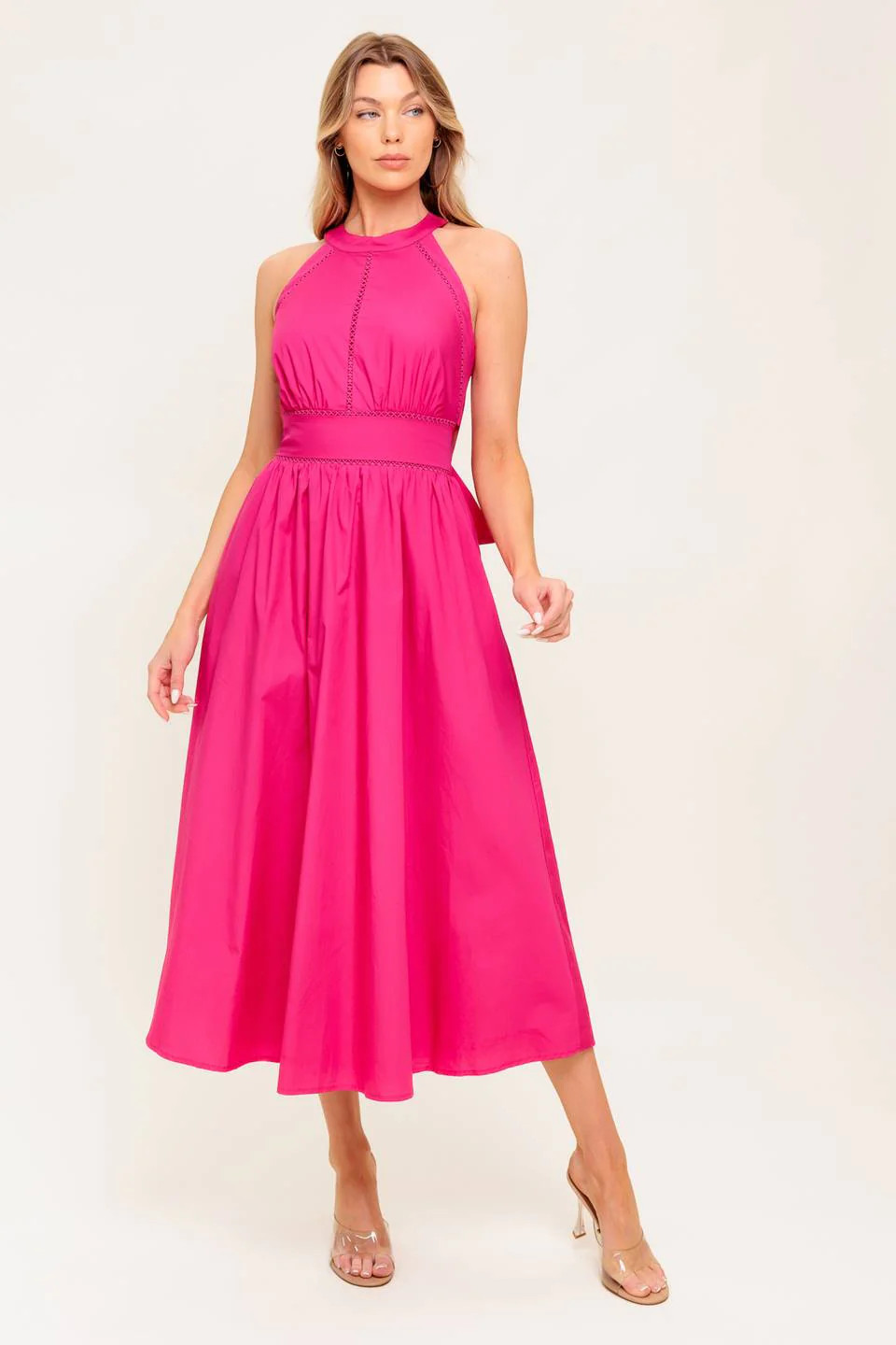 SOLEIL FUCHSIA HALTER MIDI DRESS | Lady Black Tie