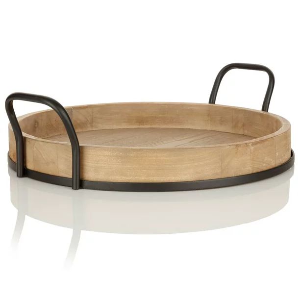 Better Homes & Gardens Round Rustic Brown Wood Serving Tray with Metal Handles, 18.5"x17" - Walma... | Walmart (US)