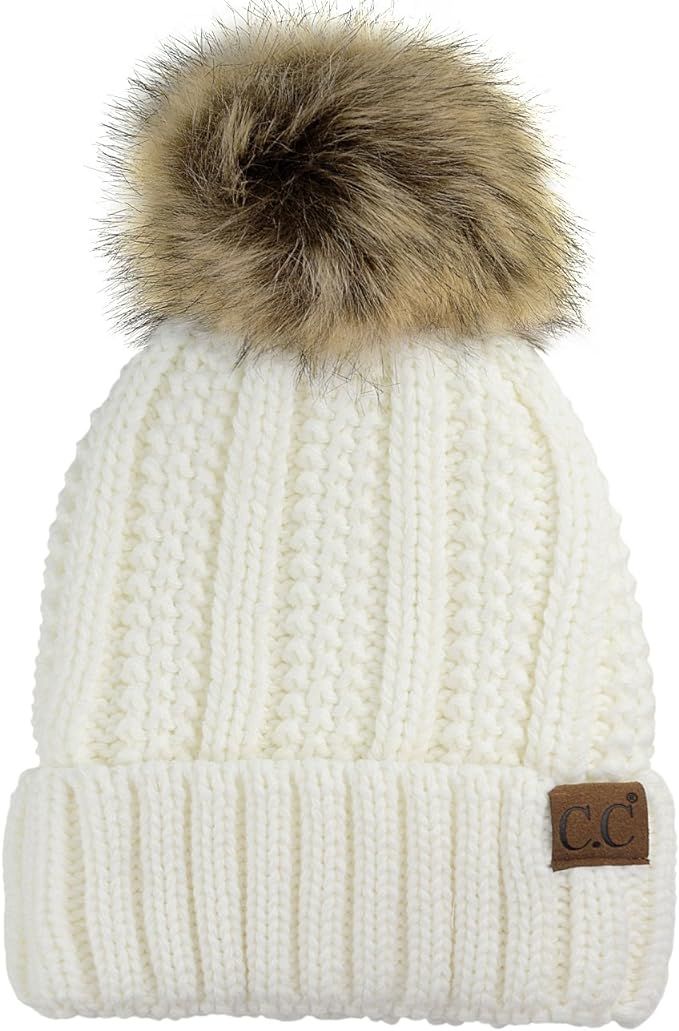 C.C Thick Cable Knit Faux Fuzzy Fur Pom Fleece Lined Skull Cap Cuff Beanie, Ivory at Amazon Women... | Amazon (US)