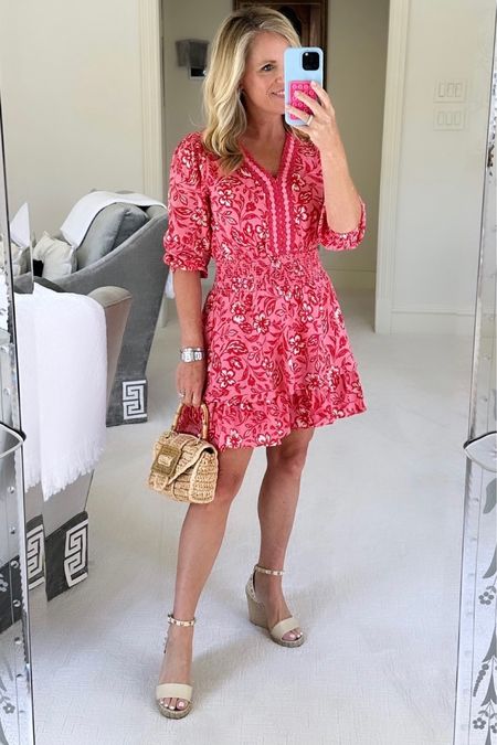 Hot pink and red three-quarter sleeve, mini dress with lace medallion detailing
Run true to size 
I’m 5’2” tall and wearing XS 
It is available  XS-XXXL
UNDER $100
Perfect, for, Graduation, wedding, shower, date night and any spring event

#LTKstyletip #LTKover40 #LTKSeasonal
