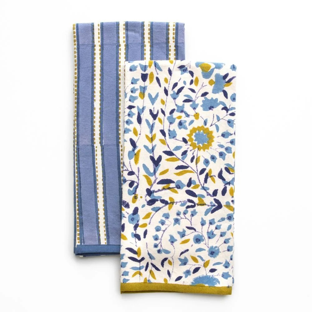 Starflower Blue & Ochre/Dotted Stripe Blue Tea Towel Mixed Set of 2 | Pomegranate