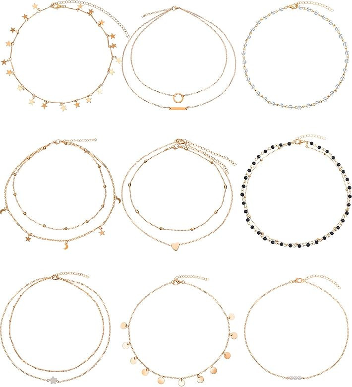 BBTO 9 Pieces Gold Layering Chain Choker Necklace Layered Pendant Statement Necklace for Women Girls | Amazon (US)