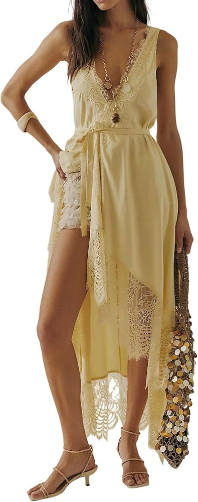 Womens Slip Lace Long Maxi Wrap Dress Y2k Aesthetic Summer Flowy Swing Going Out Boho Ruffle Hem ... | Amazon (US)