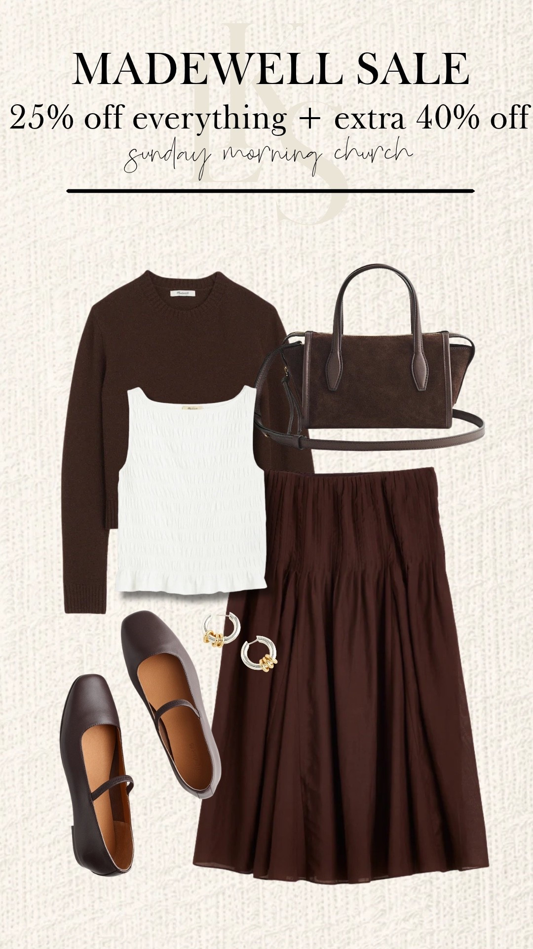 Sunday morning church style in rich chocolate tones.

This Madewell look layers a cozy knit with a white textured top, a flowing midi skirt, and classic Mary Jane flats for a polished, feminine outfit. 

Shop the full look during the 25% off everything sale plus an extra 40% off! 

 #LTKootd #LTKSaleAlert #LTKWorkwear