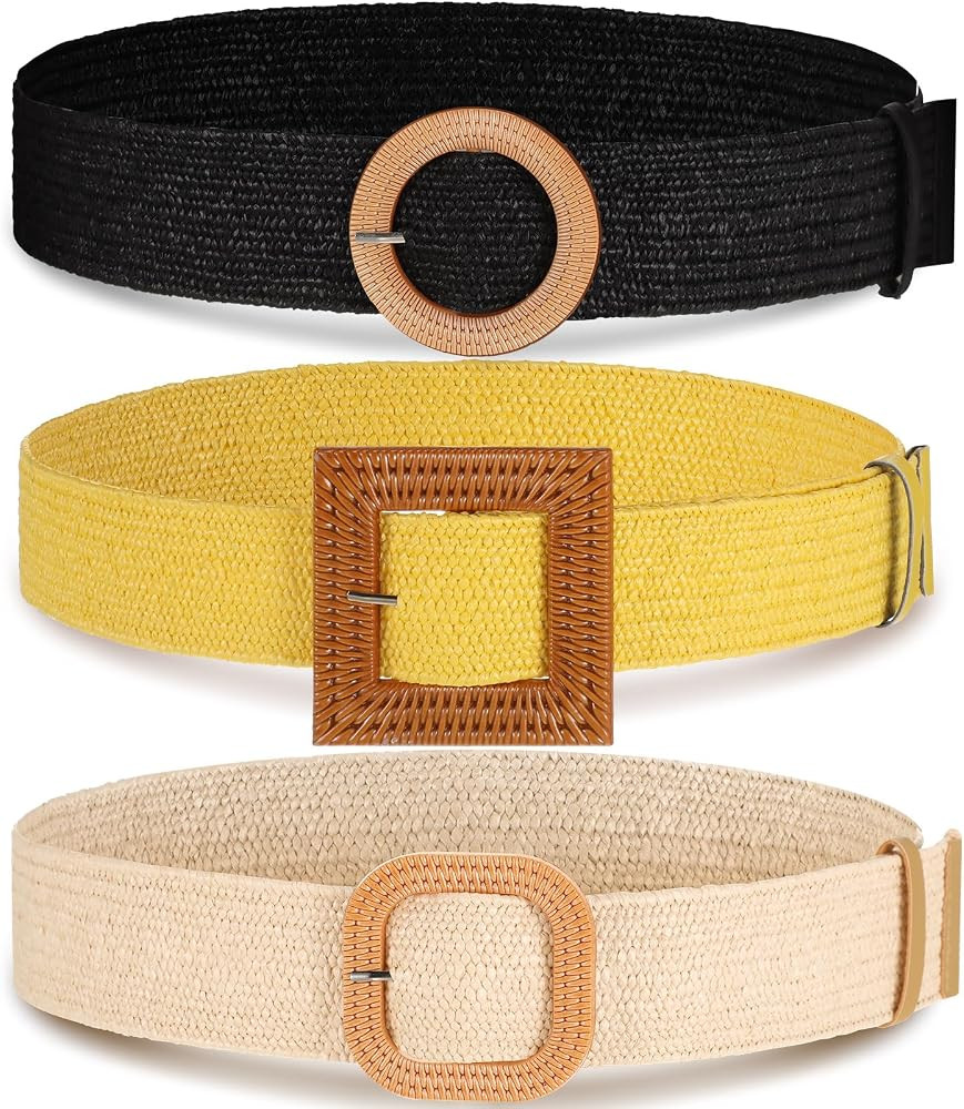 Syhood 3 Pieces Straw Woven Elastic Waist Belt for Women Bohemian Dress Braided Belt | Amazon (US)