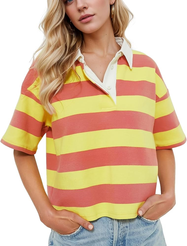 PEHMEA Womens Summer Polo Striped Short Sleeve Cotton Shirt with Button Down Casual Athletic Tops... | Amazon (US)