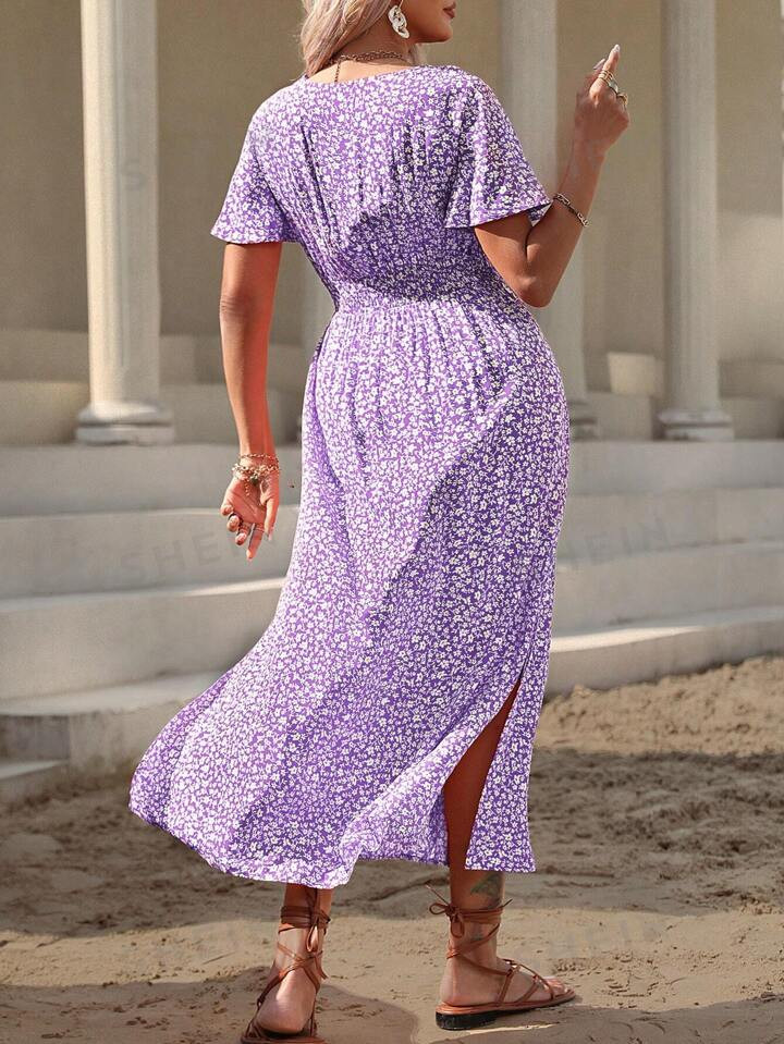 SHEIN VCAY Plus Size Women's Floral Print Batwing Sleeve Waist Shirred Short Dress | SHEIN