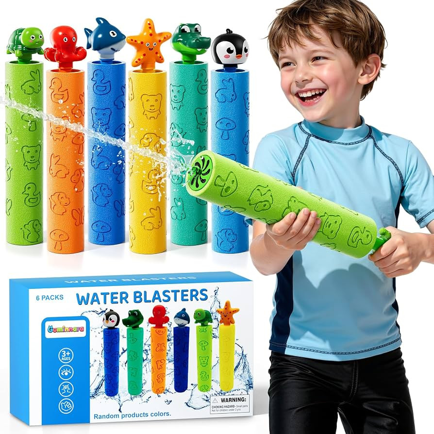 Toddler 6-Pack Animal-Handle Foam Water Blaster Guns for Kids 3 4 5 6 7+, Colorful Printed Squirt... | Amazon (US)