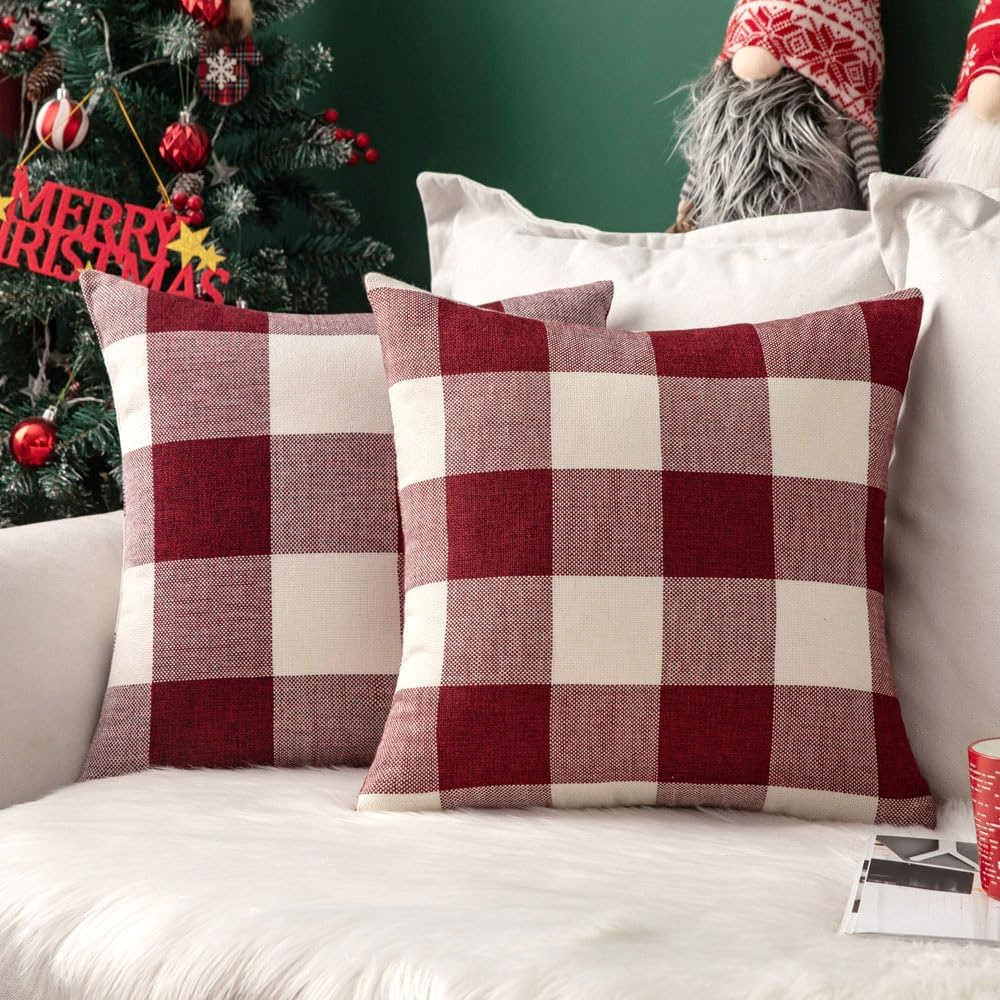 MIULEE Pack of 2 Christmas Classic Farmhouse Buffalo Check Plaids Linen Soft Soild Decorative Squ... | Amazon (US)