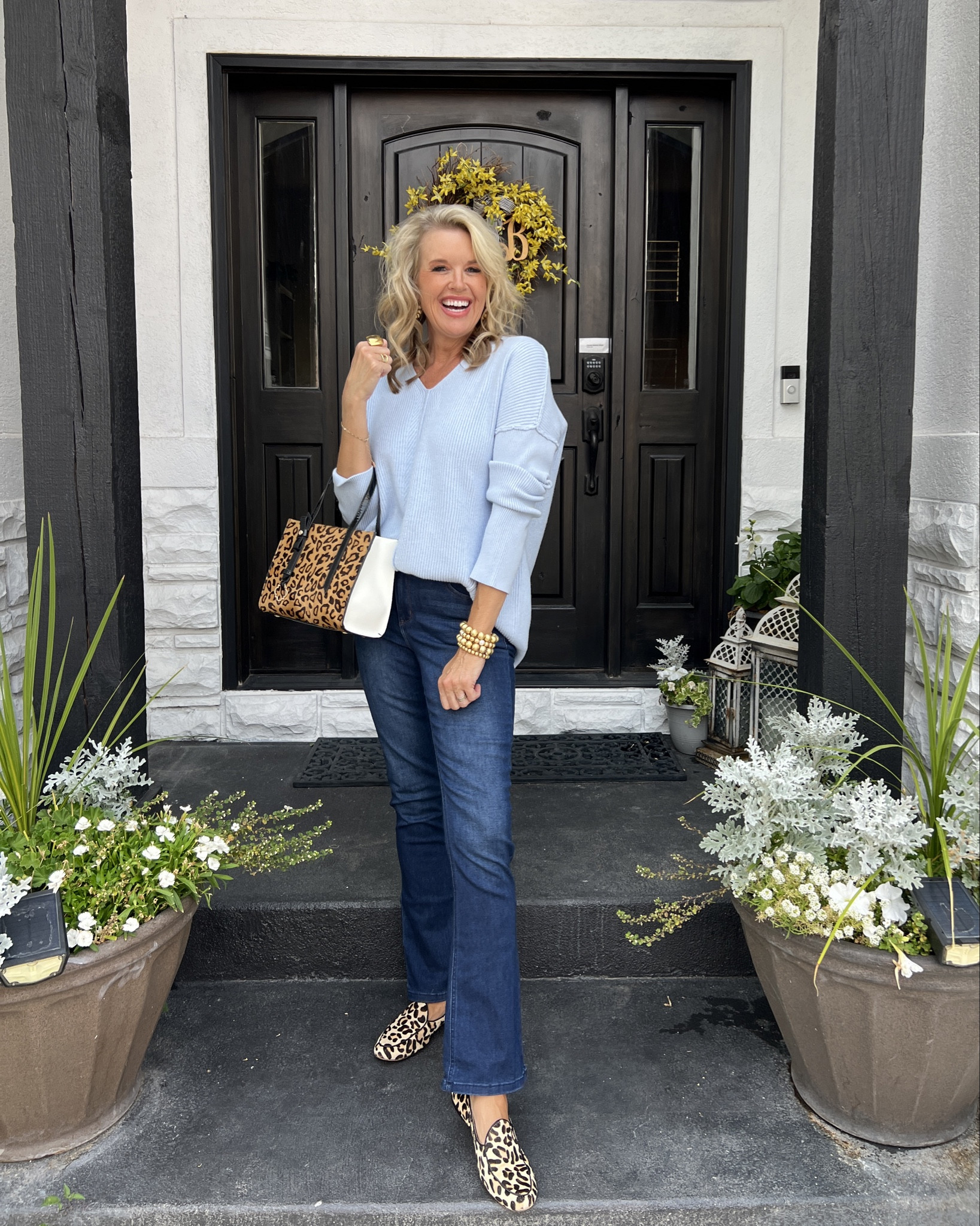 Amazon find

Free people  inspired sweater 
So soft, v neck and fits tts 

Comes in several colors. Wear longer to so off  slit details or do a front tuck 

Wit and wisdom itty bitty boot cut jeans fit tts size and do flattering 

Leopard flat (Chico last year) linked similar 

Real leather leopard pag by designer go (handmade) linked similar 

Julie box jewelry 

Teacher outfit idea 
Fall sweaters 

#LTKWorkwear #LTKFindsUnder50 #LTKStyleTip