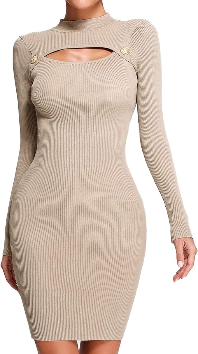 BELLA BARNETT Women's Long Sleeve Kint Cutout Mini Dress | Amazon (US)