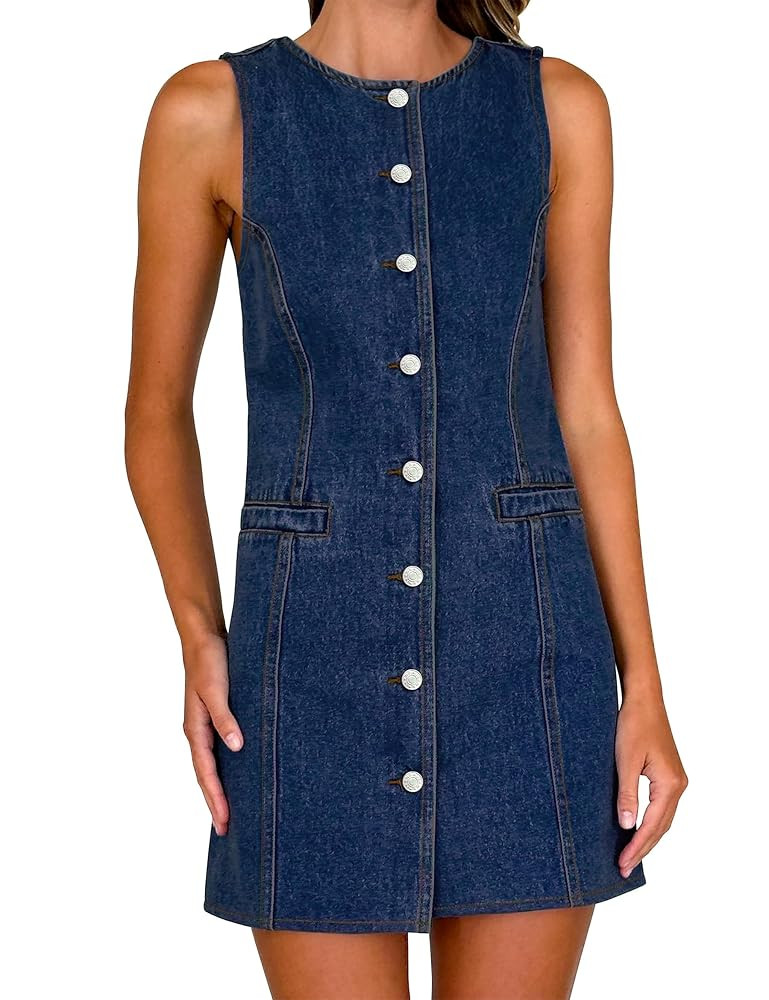 Women's Denim Dress Jean Sleeveless Button Down Shirt Mini Tank Casual Summer Dresses with Pocket... | Amazon (US)