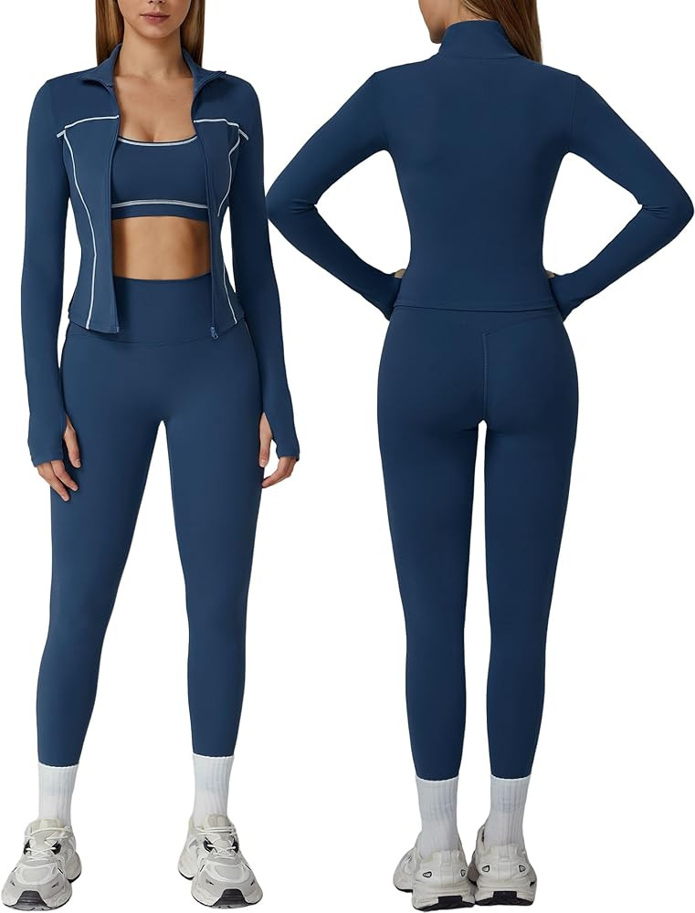ABOCIW 3 Piece Workout Sets for Women Zip Up Jacket Racerback Sports Bra High Waist Leggings Gym ... | Amazon (US)