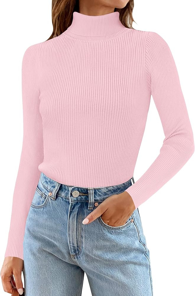 ZESICA Women's 2024 Turtleneck Long Sleeve Shirts Fall Basic Tops Slim Fitted Ribbed Knit Sweater | Amazon (US)