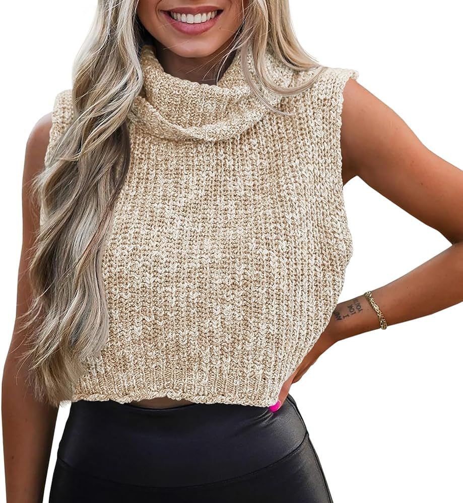 Saodimallsu Womens Sleeveless Cropped Sweater Vest Summer Trendy Crop Knit Turtleneck Pullover Ta... | Amazon (US)