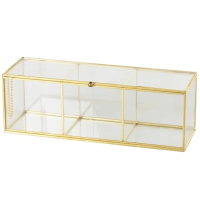 Glass Slim Rectangular 3 Slot Decorative Clear Jewelry Box with Gold Metal Frame and Chain Accent | Wayfair North America