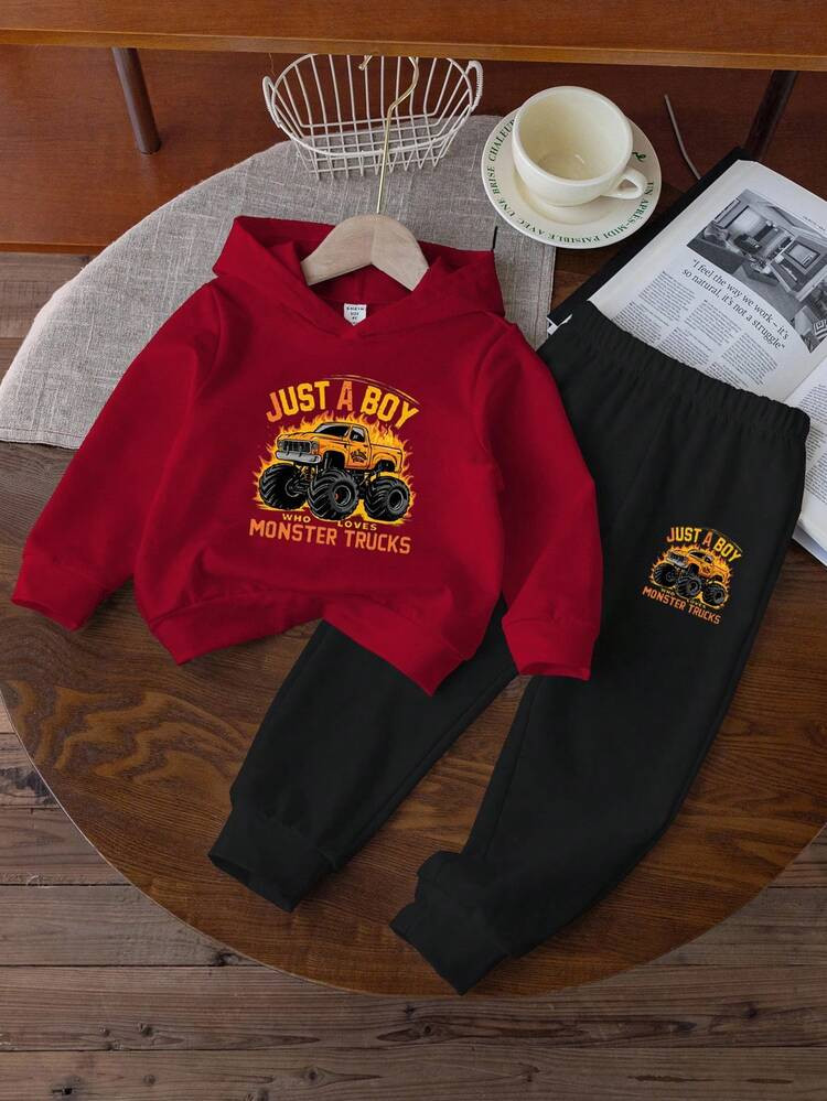 2pcs/Set Toddler Boys' Colorblock Firetruck Graphic Hoodie And Black Sweatpants Casual Sports All-Match Outfit, Suitable For Boys In Autumn/Winter Toddler Boys Clothes Kids Graphic Print Clothing Set Boys Monster Truck Sweatshirt Set Boys Casual Outfit Set Boys Two Piece Hoodie And Pants Set Fall | SHEIN