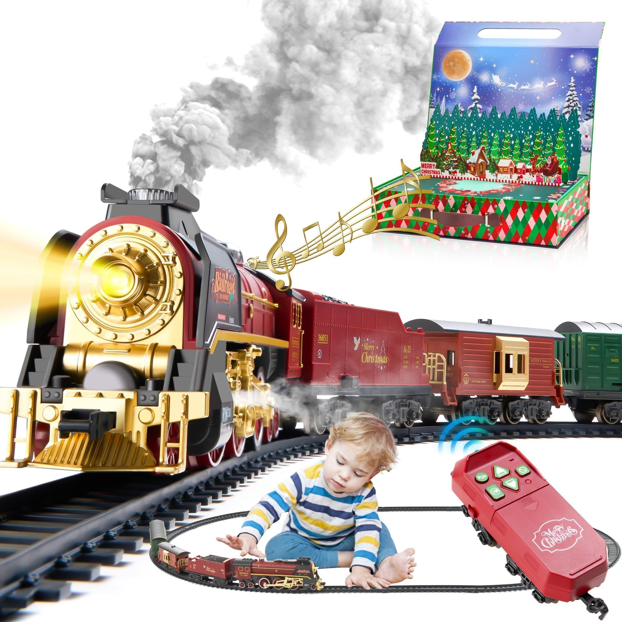 Train Set with Gift Case and Remote Control, Train Toys with Smoke, Light and Sound, Christmas Tr... | Amazon (US)
