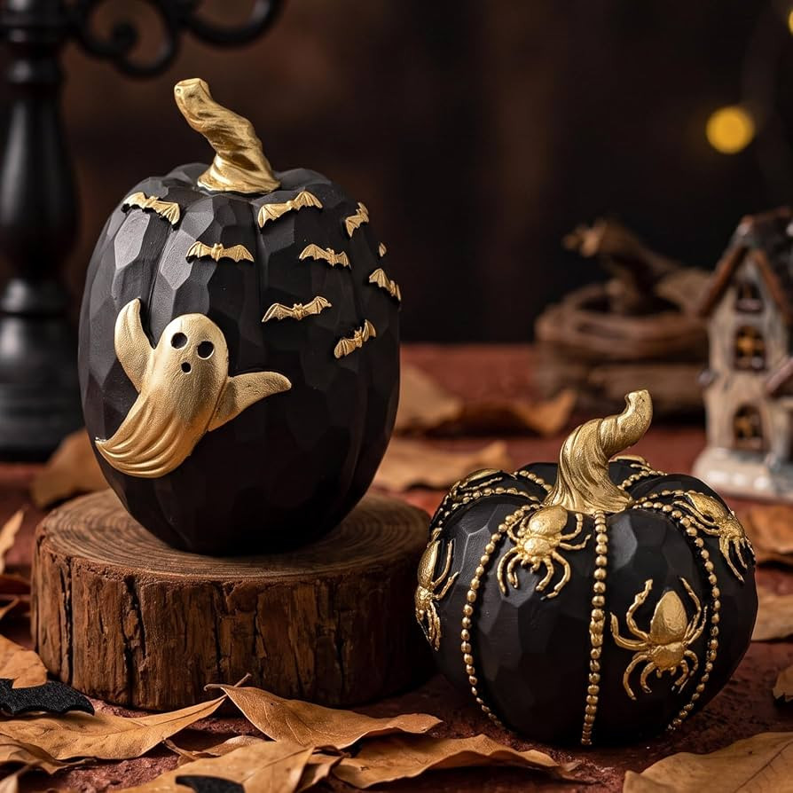 2 PCS Black and Gold Pumpkin Decor,Artificial Resin Decorative Pumpkins with Spider Web Ghost Bat... | Amazon (US)