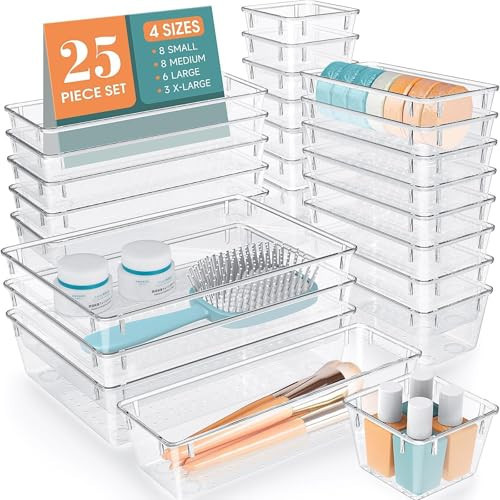 WOWBOX 25 PCS Clear Plastic Drawer Organizer Set, 4 Sizes Desk Drawer Divider Organizers and Storage Bins for Makeup, Jewelry, Gadgets for Kitchen, Bedroom, Bathroom, Office | Amazon (US)