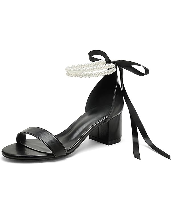 Pearl Wedding Shoes for Bride - Low Open Toe Bridal Heels With Bow, Chunky Block Heel for Women's... | Amazon (US)