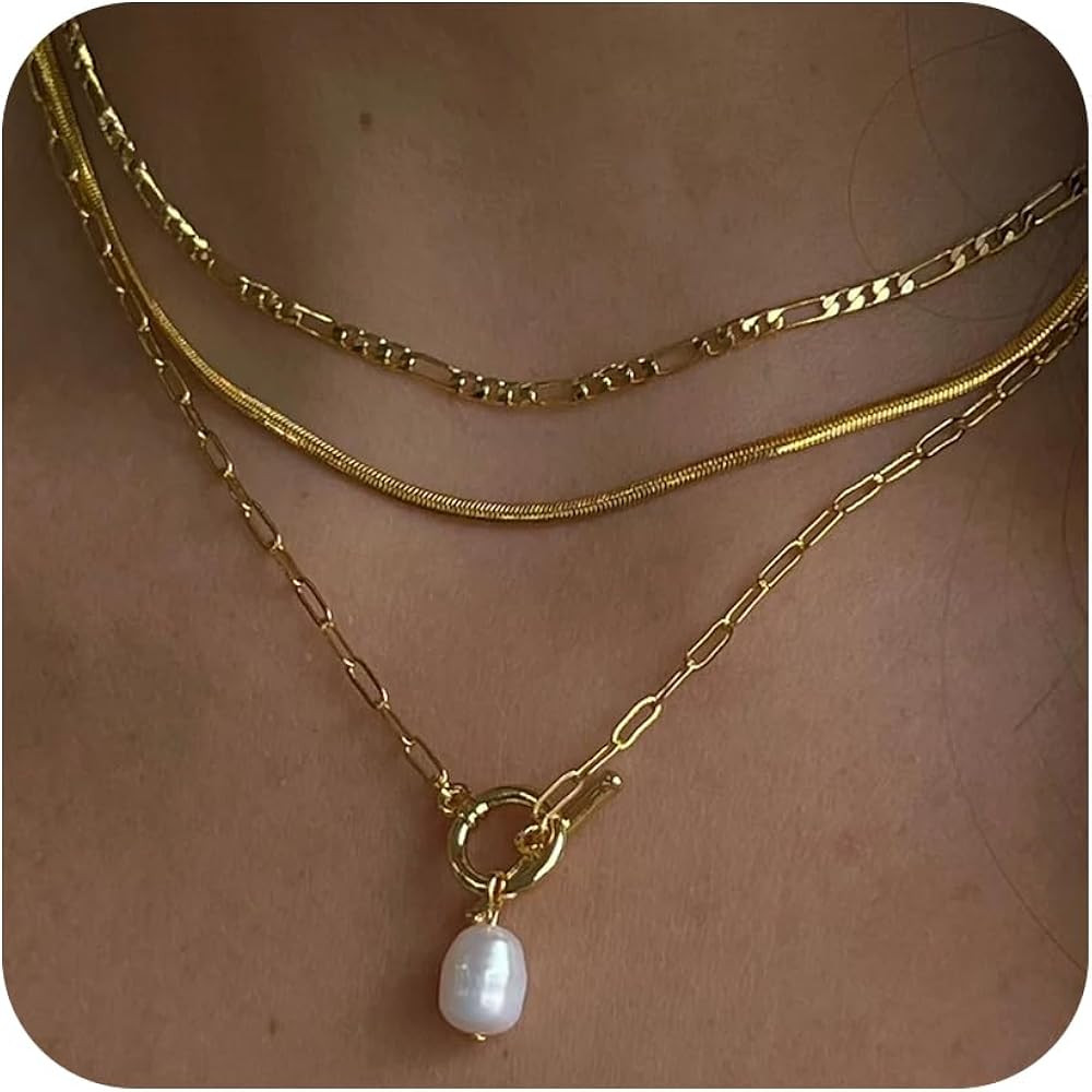 Layered Gold Necklaces for Women, Dainty 14K Gold Plated Cute Pearl Pendant Necklace Jewelry Set ... | Amazon (US)