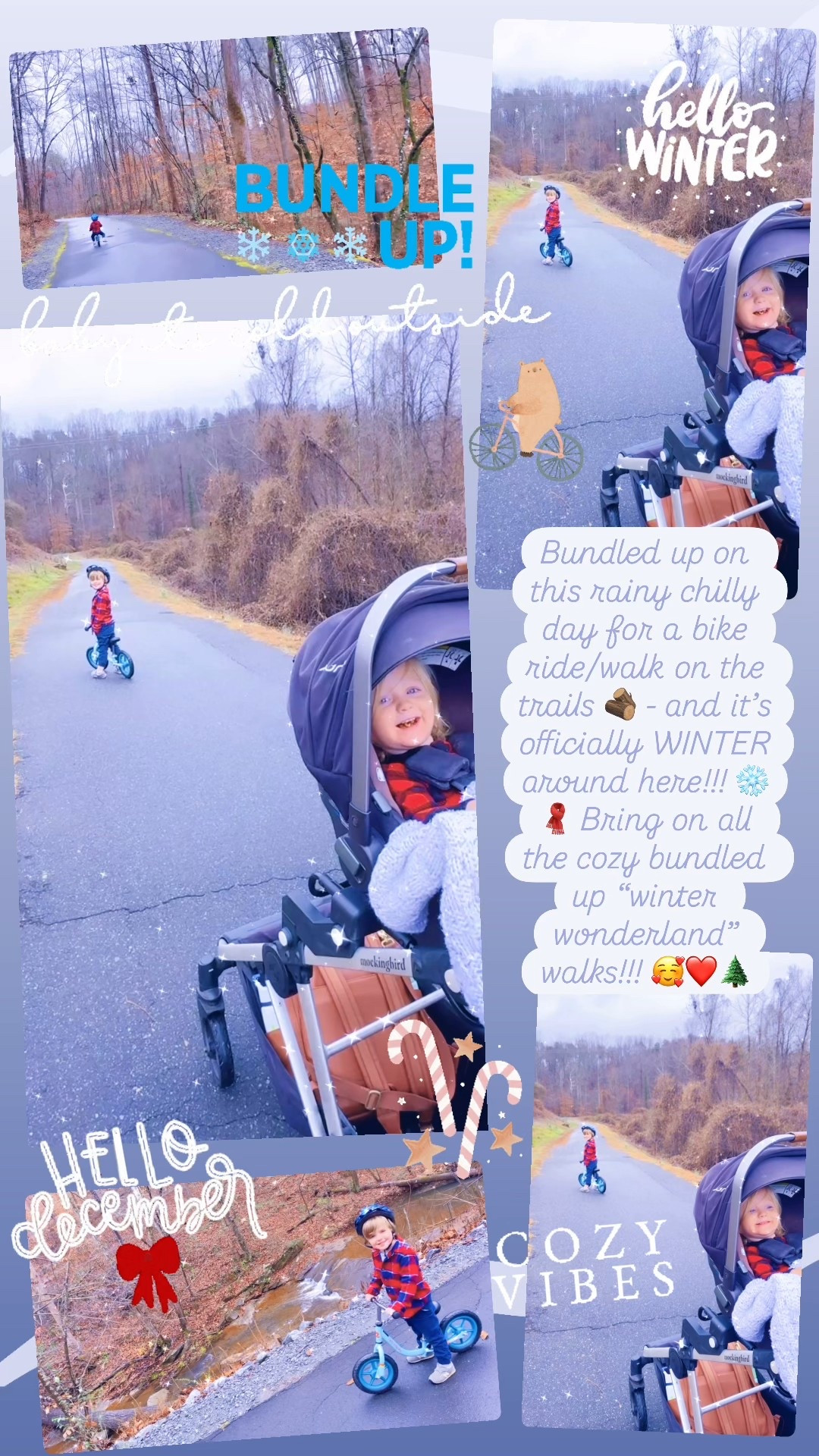 Bundled up on this rainy chilly day for a bike ride/walk on the trails 🪵 - and it’s officially WINTER around here!!! ❄️🧣 Bring on all the cozy bundled up “winter wonderland” walks!!! 🥰❤️🌲