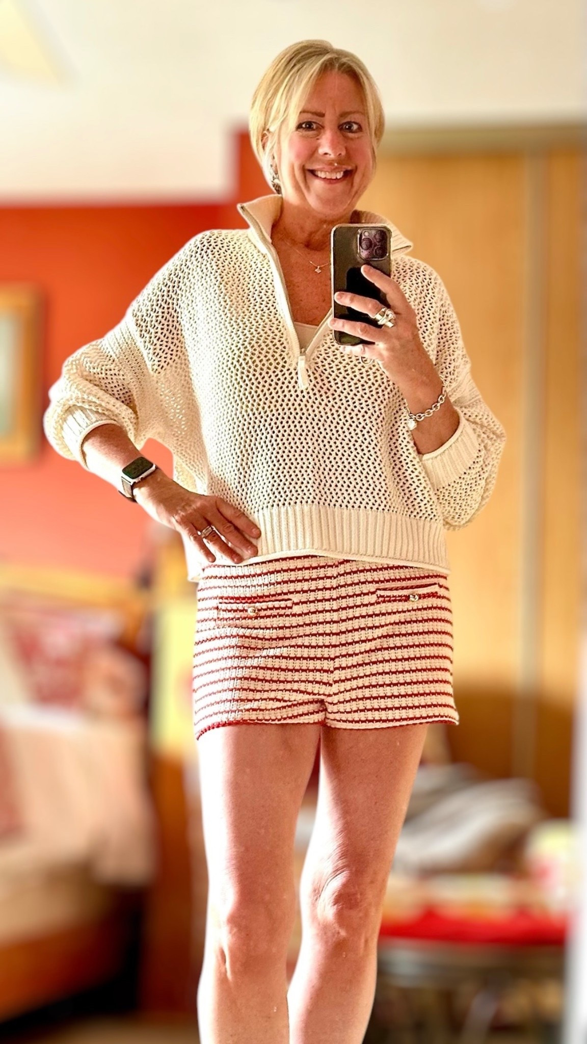 Short season is upon us ! 

Love the red and cream stripes in these textured knit shorts !  The front pockets are decoration with gold tone buttons stitched on  .  Slip on and stretchy .   No fasteners or buttons at waist . 

Worn with sports bra and knit / crochet 1/2 zip semi cropped  sweater in a cream shade .  

Add some red sandals and statement red bag and you’re ready to go ! 

Sweater @aerie
Shorts @hm
Seamless sports bra @hm

#summerready
#shortseason
#knitwear
#redandcream
#canada
#croppedtop
#sunsshine
#getyourtanon

#LTKspring #LTKcanada #LTKsummer