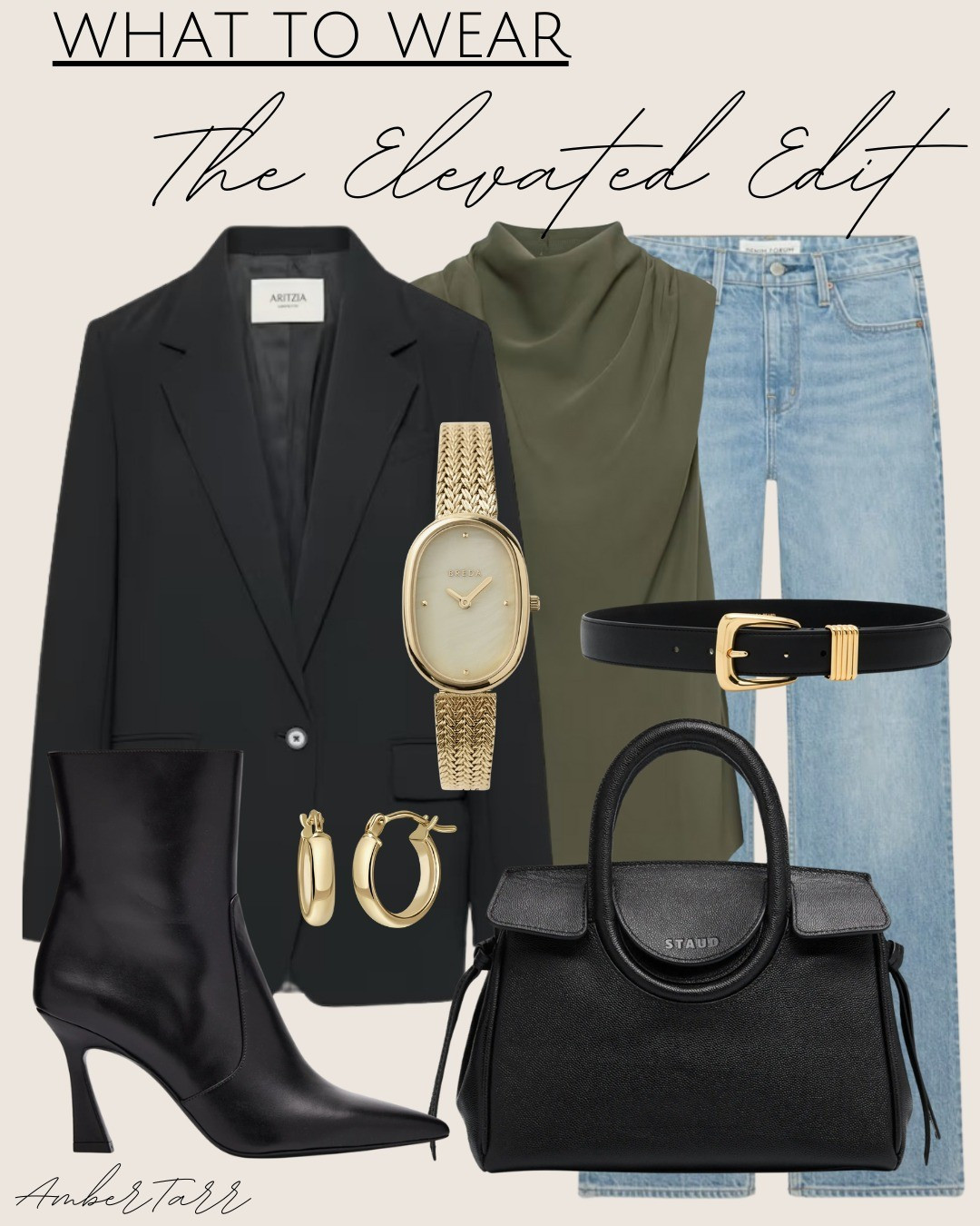 A refined everyday look with clean lines and elevated textures. The tailored blazer, draped olive top, and classic denim create a modern, sophisticated pairing—finished with sleek black accessories and gold details for a truly elevated edit.

#LTKOver40 #LTKWorkwear #LTKootd